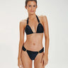Woman wearing a black bikini against a white background