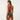 a woman wearing a dark green triangle bikini top and a full bikini bottom on a white background