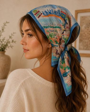 A woman in profile wearing a light blue cotton scarf with a colorful vintage-style map print and Route 66 graphics, paired with a cream ribbed knit sweater in a softly lit indoor setting