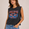A woman wearing a sleeveless tank with 80s style band logo on front