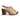 women's open-toe block-heel sandals with metallic champagne-gold textured uppers, bronze-tone metal studs, and brown wooden soles On a white background