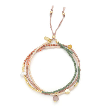 Multistrand beaded necklace with various colored beads on a white background