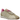 Women's retro beige and tan suede and canvas sneakers with pink fuzzy ankle lining, pink laces, and white sole on a white background, viewed from the side.