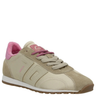 Women's retro beige and tan suede and canvas sneakers with pink fuzzy ankle lining, pink laces, and white sole on a white background, viewed from the side.