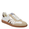 White and gold Back 70 retro low-top sneakers with beige suede toe cap and eyelet details, white laces, and a brown gum rubber sole, displayed on a white background.