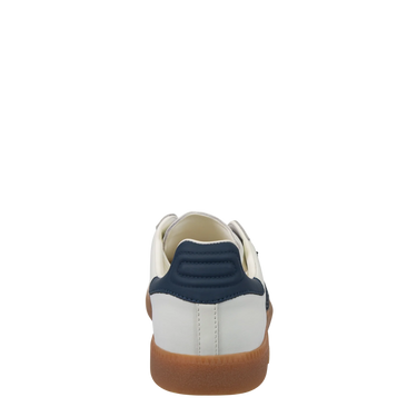 The heel of a white sneaker with blue accents on a neutral background