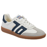 White sneaker with blue accents on a white background