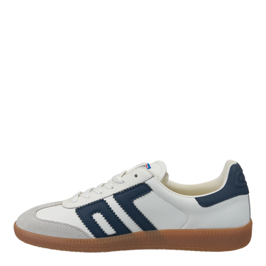 A white sneaker with grey and blue accents on a white background 