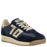 A pair of Back 70 Retro Runner sneakers in navy blue suede and leather, with metallic gold stripes, cream laces, and a gum rubber outsole.