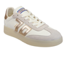 White sneaker with rose gold accents on a white background