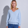 A blonde woman wearing a light blue v-neck sweater and blue jeans, standing against a light gray wall with a soft shadow cast to the side.