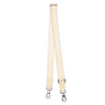 A light beige leather shoulder strap with silver metal snap hooks on both ends, displayed vertically against a solid white background.