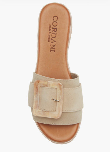 Beige sandal with a buckle detail on a white background