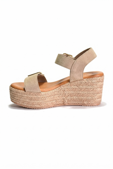 Beige wedge sandal with espadrille sole on a white background