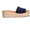 Navy sandal with a woven platform sole on a white background