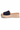 Navy sandal with a woven platform sole on a white background