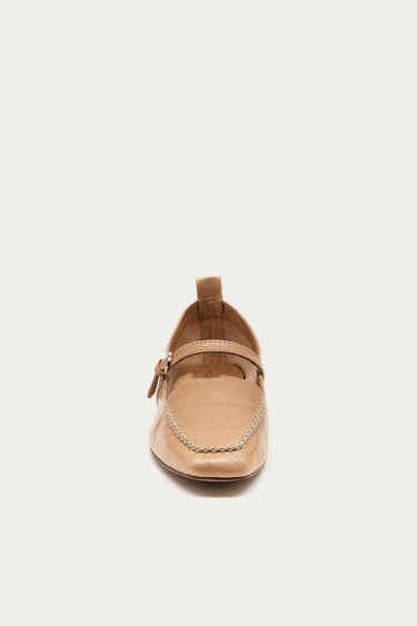 Front view of Kelsi Dagger Ferry Mary Jane flat in Bison leather with square toe and moc stitching