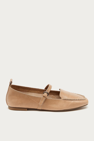 Side view of Kelsi Dagger Ferry Mary Jane flat in Bison leather with adjustable buckle strap