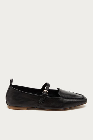 Side view of Kelsi Dagger Ferry Mary Jane flat in black leather with adjustable buckle strap