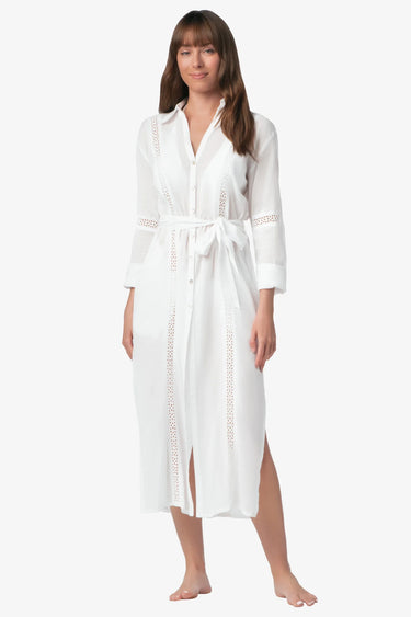 Eyelet Trim Long White Shirt Dress by Helen Jon - Time Out Clothing