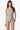 woman wearing a one piece meitered stripe swimsuit with a white background
