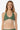 Woman wearing a green bikini top with a white background