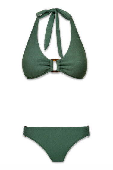 Green bikini top and bottom set on a white background