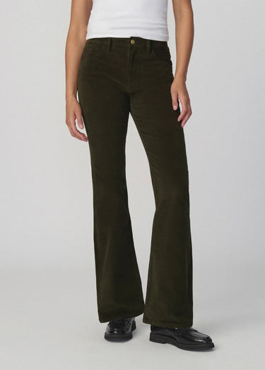 Front view of Joe’s Jeans Inez Corduroy Bootcut Pant in Olive showing mid-rise waist and full-length fit