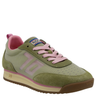 Green and pink sneaker with a visible brand logo on a white background