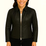 Woman wearing a lightweight black leather jacket with a zip-front closure and stand-up collar.