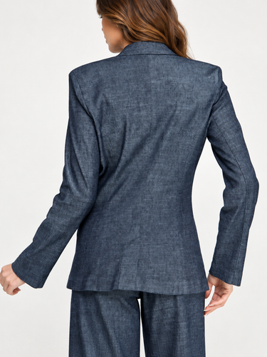 Back view of Level 99 Lennox Blazer in Stargazer showing tailored fit and textured indigo fabric