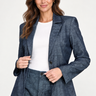 Close-up of Level 99 Lennox Blazer in Stargazer showing notched lapels, button front and textured indigo finish
