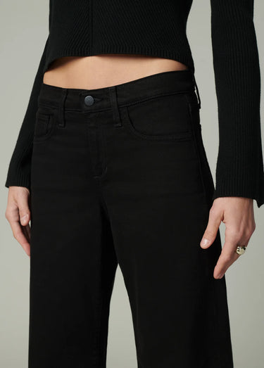 Close-up of Joe’s Jeans Lou Lou Low Rise Jean in Black showing waistband, button closure and front pockets