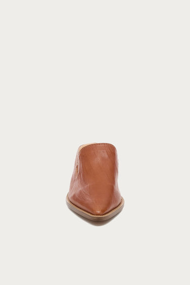 A single brown leather mule shoe with a pointed toe and a stacked wood-look block heel, shown from front profile against a light gray background.