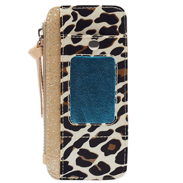 Leopard print phone case with a blue card slot on a white background