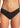 Black bikini bottom worn by a person on a white background