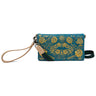 Open teal wristlet wallet with metallic copper splatter design, revealing beige leather interior, multiple card slots with gold glitter and snake print accents, clear ID window, two zippered compartments, and a beige wristlet strap. The central strap has 'MAKE TODAY RIDICULOUSLY AWESOME!' embossed.